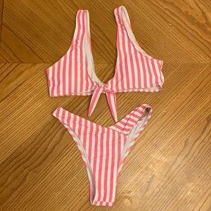 Pink pinstripe high leg high waisted bikini